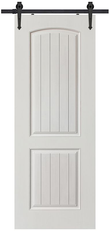 an open white door with black hardware on the top and bottom bars, against a white background