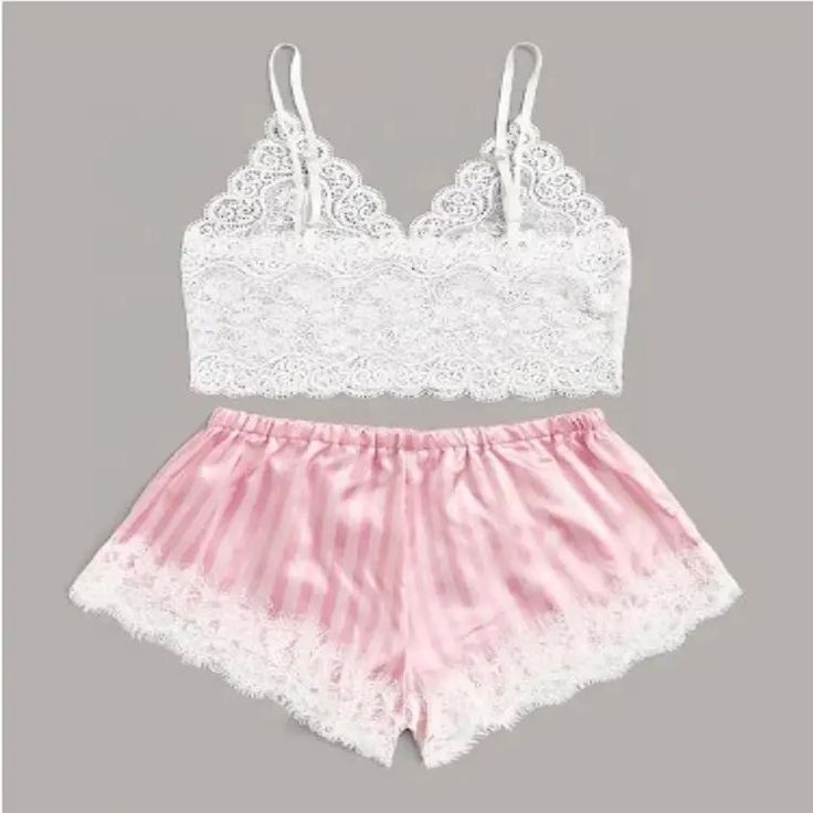 Nwot Tagless 2-Piece Adjustable Spaghetti Strap Lace Tank W/Matching Striped Shorts Set Color Baby Pink / White Sizes S, M Features Adjustable Spaghetti Strap Tank Top V Neck Lace Top Triangle Cups Elastic Waistline Striped Shorts With Lace Embroidered Hem Fabric & Care Rayon / Lace / Spandex / Polyester Machine Wash In Original Packaging! Never Worn! Women Sleepwear, Satin Sleepwear, Pajamas Sets, Satin Shorts, Satin Lingerie, Lace Camisole, Lingerie Outfits, Sleepwear Sets, Vintage Lingerie