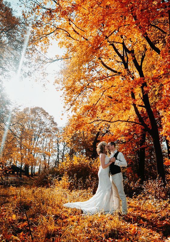 a bride and groom standing in the middle of an autumn forest surrounded by trees with orange leaves