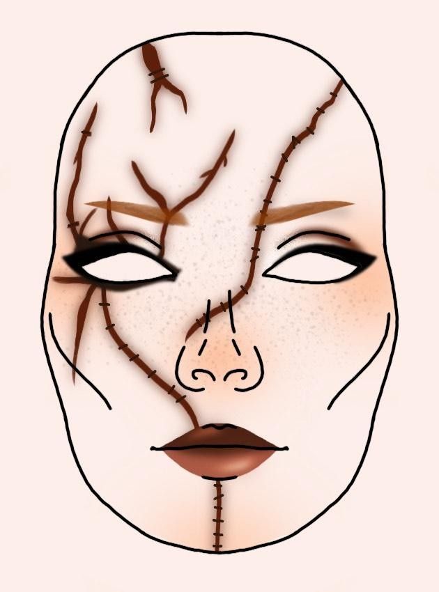 i draw makeup on procreate when i'm bored_ - _ - _ - _ - _ - _ - _ - _ - _ - _ - _ - _ - _ - _ - _ - _ - _ - _ - _ - _ - _ - _ - _ - _makeup sketch chart chucky mh costume doll cosplay ginger orange scars feminine eyeliner horror halloween Chucky Scars Makeup, Diy Horror Halloween Costumes, Stitching Makeup Halloween, Halloween Costume Ideas Chucky, Chucky Movie Scenes, Glam Chucky Makeup, Chuky Doll Makeup, Chucky Scary Makeup, Chucky Women Makeup