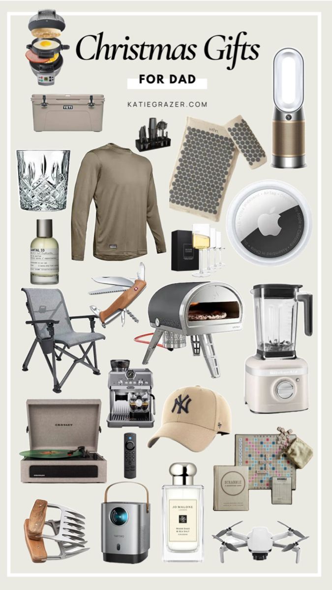 the christmas gifts for dad are on display in this poster, which includes an assortment of items