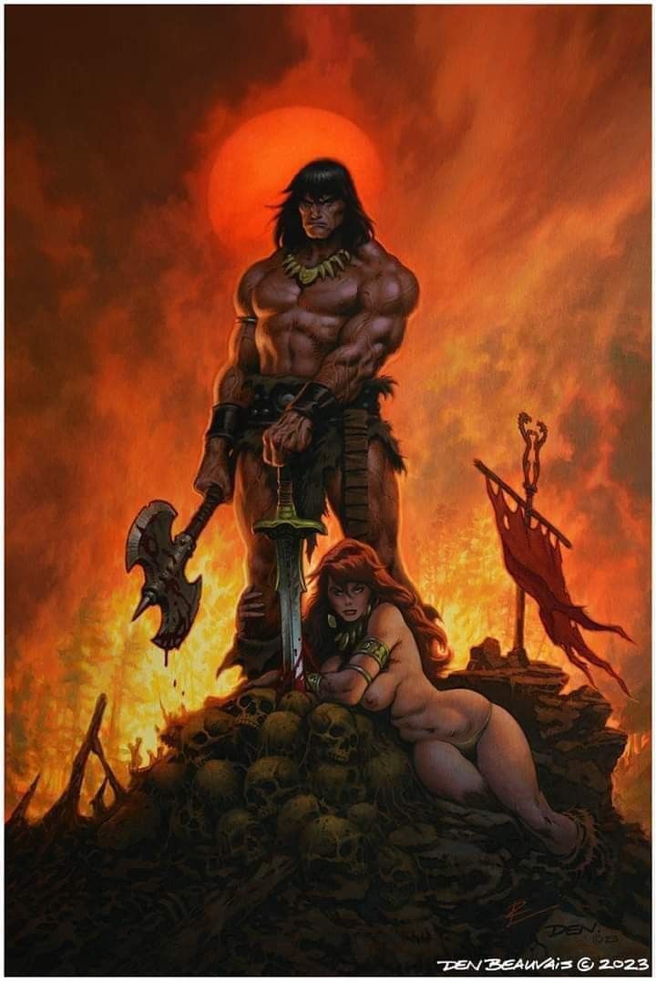 a painting of a man and woman in front of a fire with an evil demon