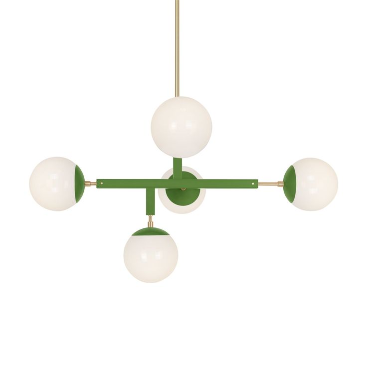 three green and white lights hanging from a ceiling fixture with four balls on each end