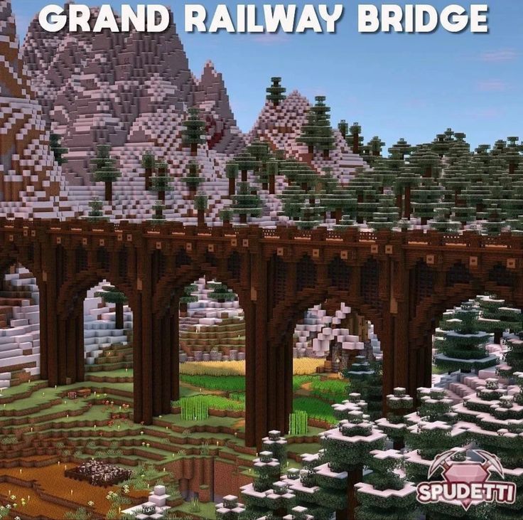 an image of a bridge that is made out of legos and has mountains in the background