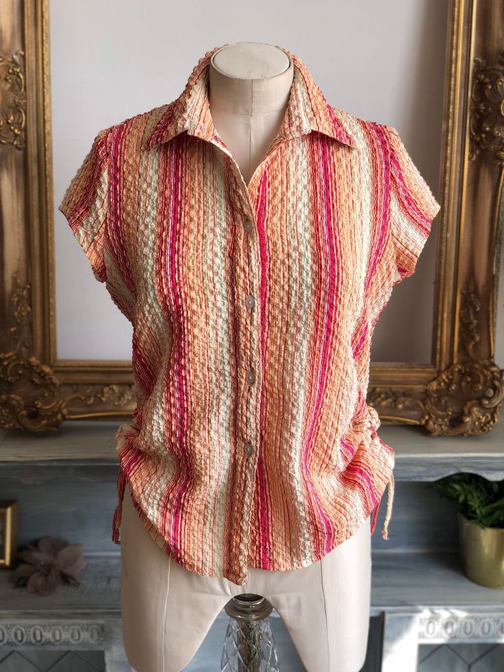 Chest (pit to pit) 46/53cm Length 60cm Spring Yarn-dyed Button-up Tops, Striped Short Sleeve Yarn-dyed Top, Spring Yarn-dyed Collared Tops, Striped Short Sleeve Tops For Daywear, Summer Collared Yarn-dyed Top, Collared Yarn-dyed Top For Summer, Yarn-dyed Collared Top For Summer, Striped Short Sleeve Blouse For Daywear, Spring Short Sleeve Yarn-dyed Tops