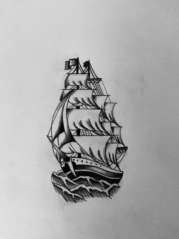 a black and white drawing of a ship