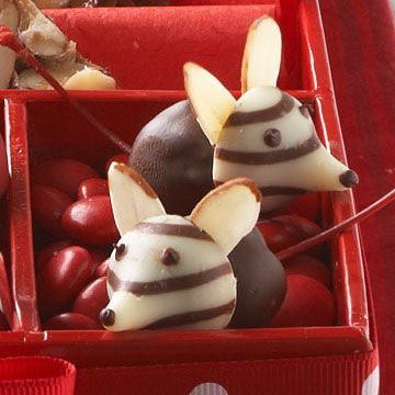 two chocolate mouses in a red box with apples and other food on the table