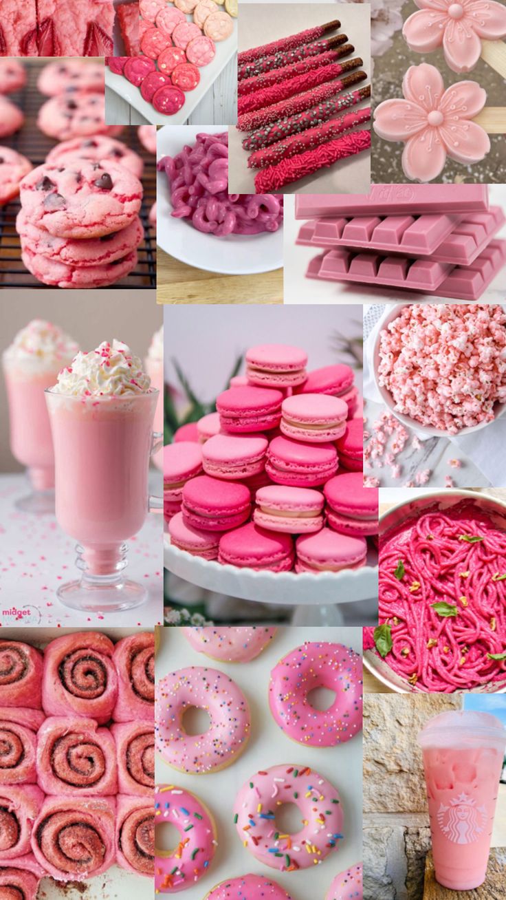 pink and red desserts, donuts, cookies, milkshakes and more