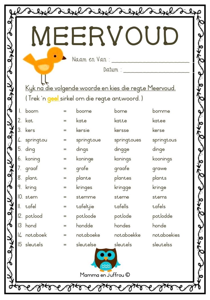 a printable meervoud game with an owl and bird on the page