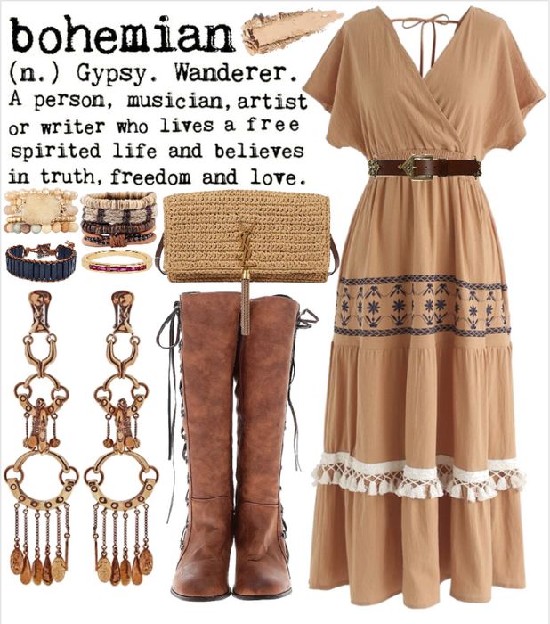 Boho Summer Outfits Bohemian, Boho Country Outfits, Bohemian Winter Outfits, Beige Boho Dress, Bojo Style, Bohemian Outfit, Cute Date Outfits, Boho Country, Estilo Hippy