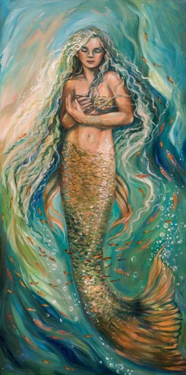 a painting of a mermaid with her arms around the back of it's head