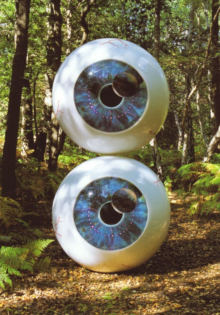 three metal circles with blue and white designs on them in the middle of a forest