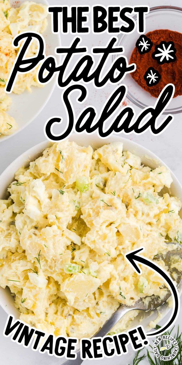 the best potato salad recipe is shown in two bowls