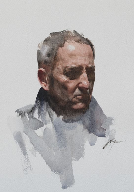 a watercolor painting of an older man