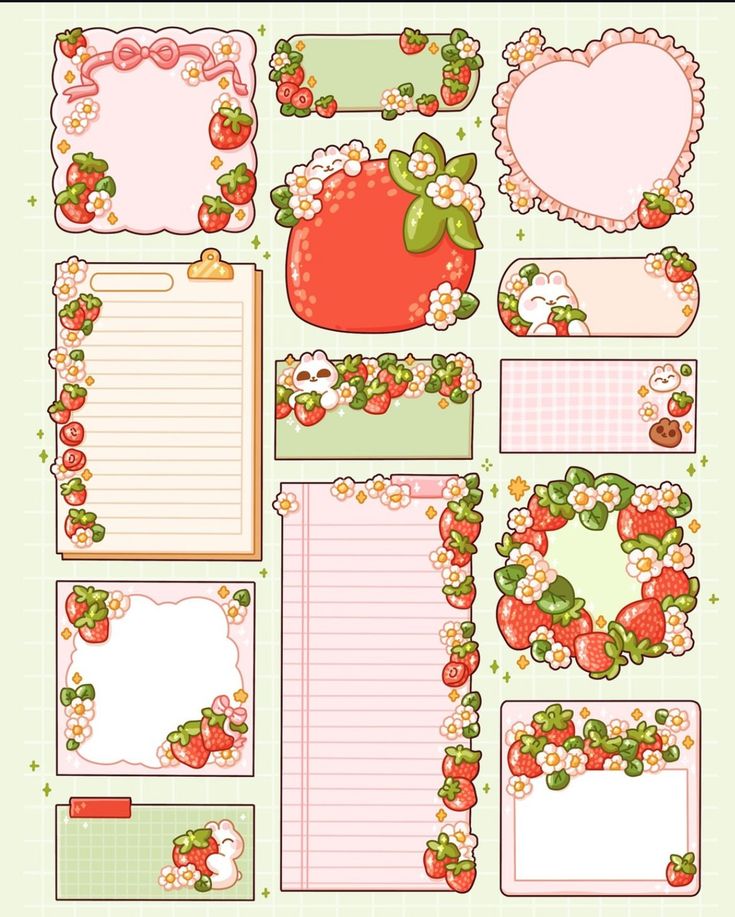 a collection of paper with strawberrys on it