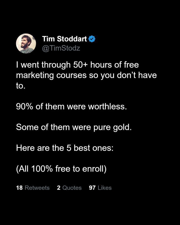 a tweet about tim stoddarz on instagram that reads i went through 50 + hours of free marketing courses so you don't have to 90 % of them