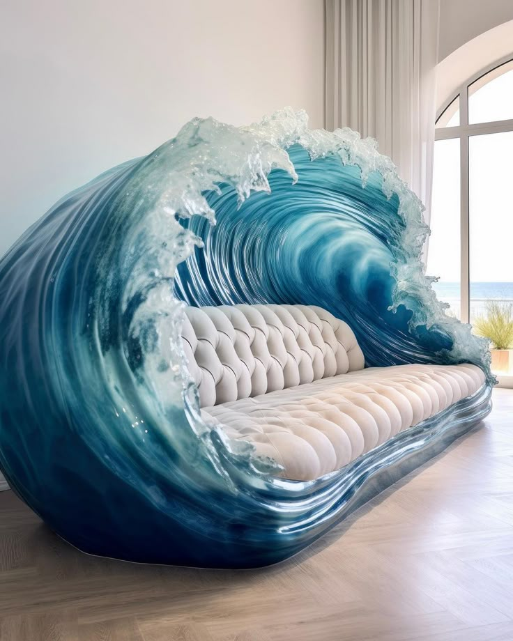 a couch that is in the middle of a room with a large wave on it