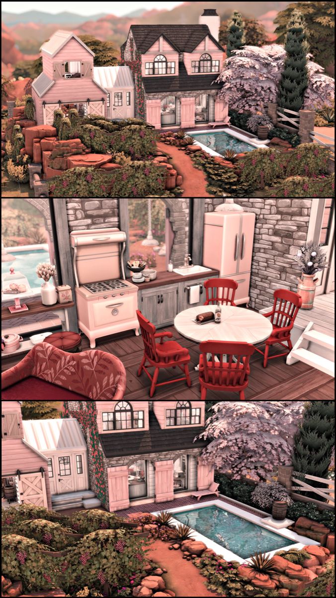 two different views of a kitchen and living room in the same house, one with an outdoor swimming pool