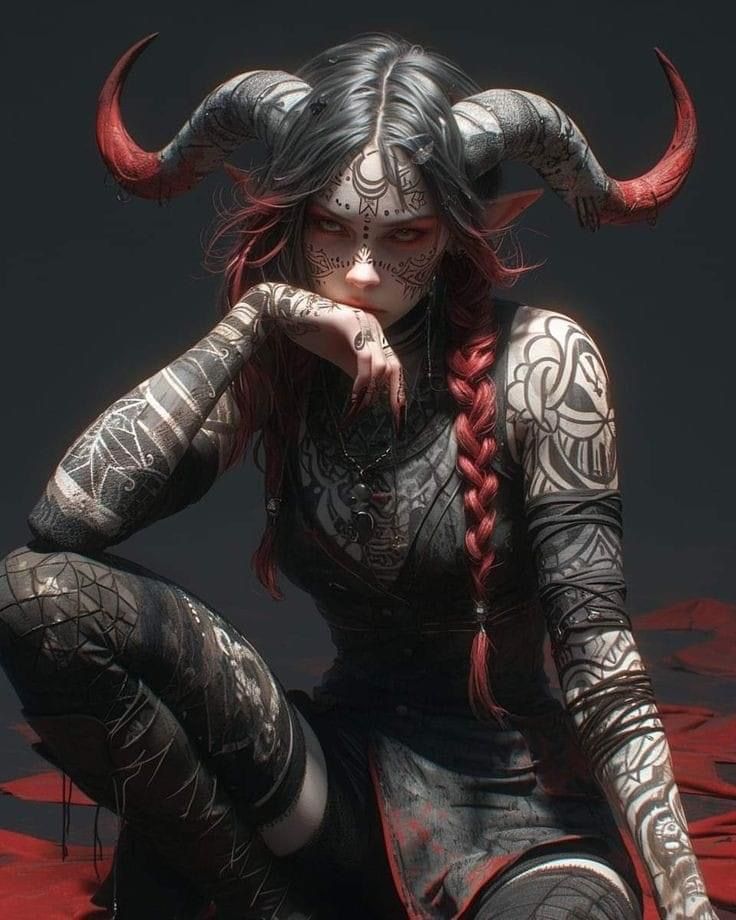 a woman with horns sitting on the ground