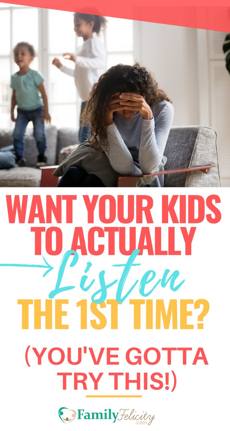 a woman sitting on top of a couch with her head in her hands and the words, want your kids to actally listen the 1st time? you've gota try this