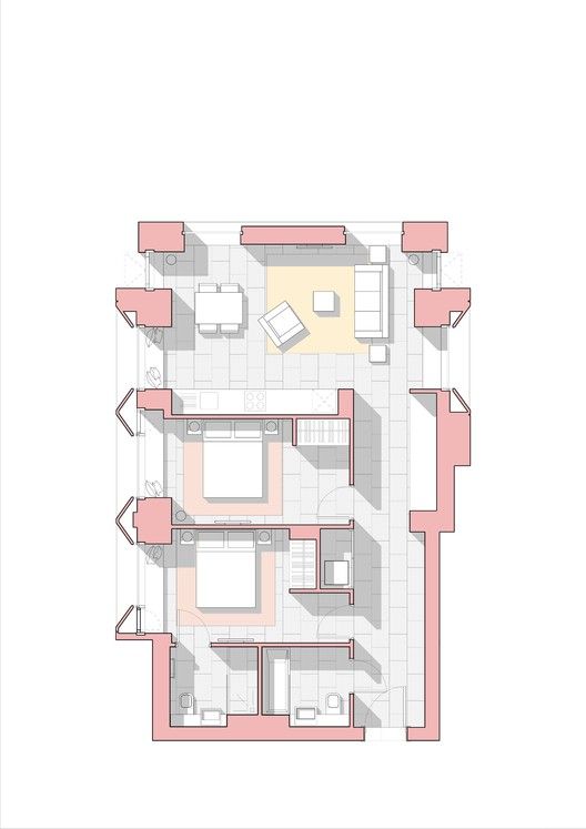 the floor plan for an apartment with two levels and three rooms, including one bedroom