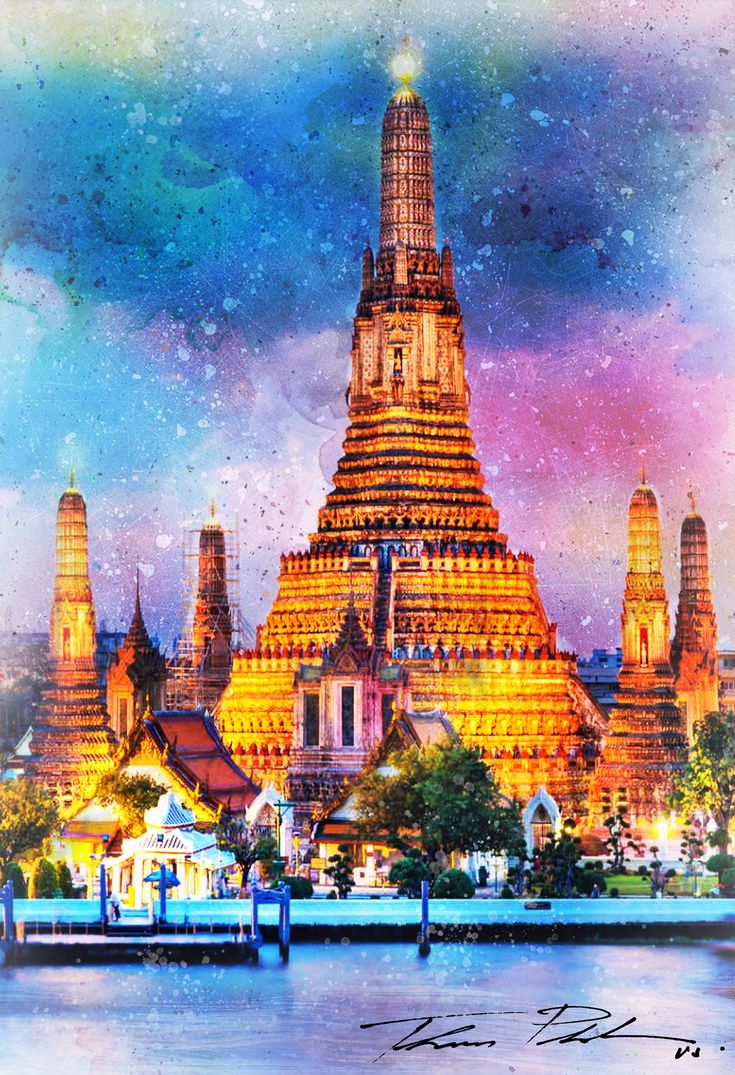 an artistic painting of a large building with many spires on it's sides