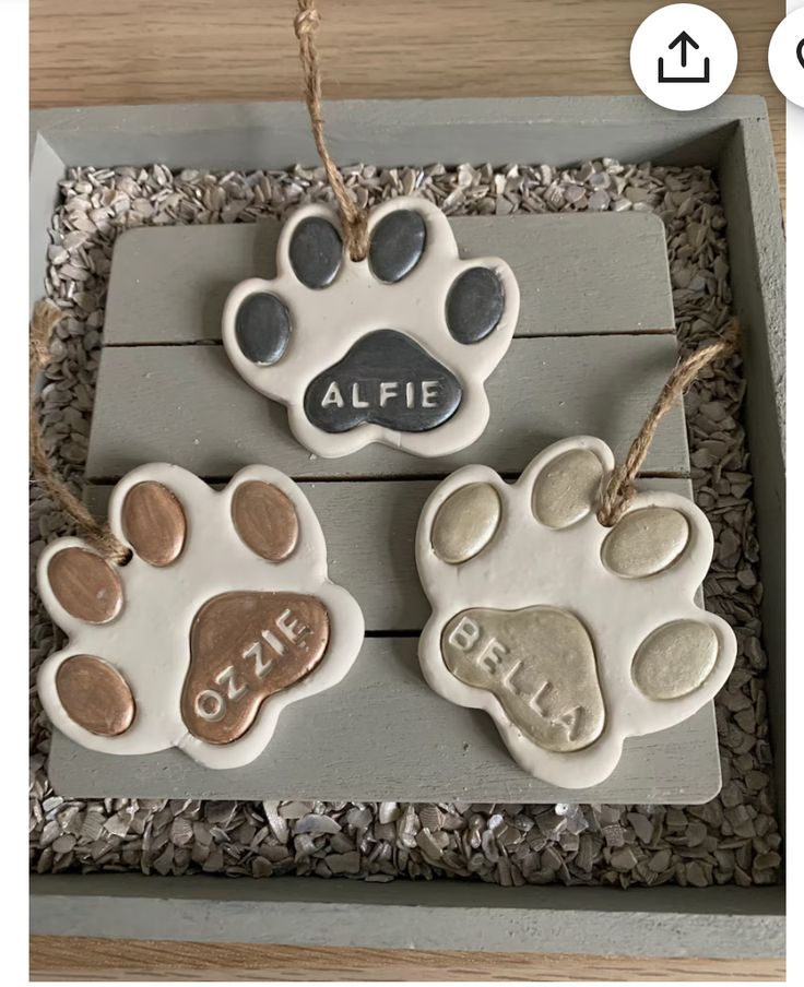 three ceramic dog paw ornaments in a gift box with twine string and tags on them