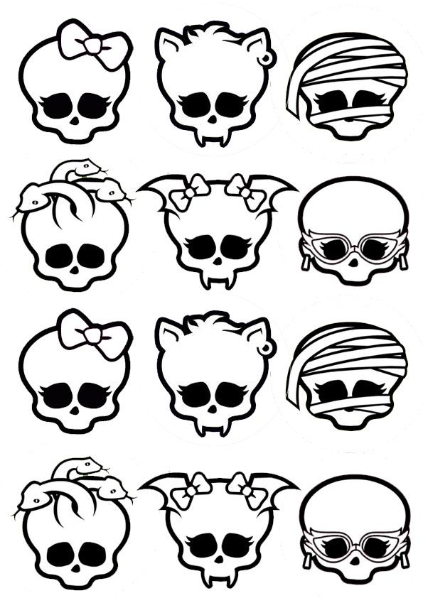 the skull and other skulls are drawn in black ink, with different colors on them