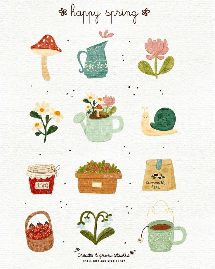 a card with flowers, plants and other things on it that say happy spring in english