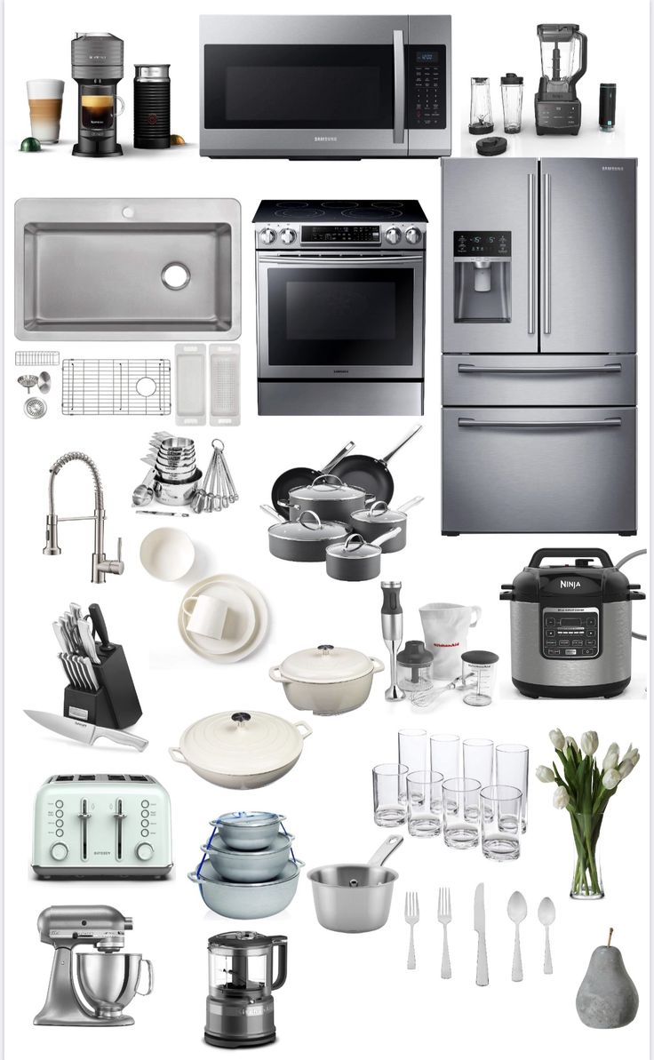 a collage of kitchen appliances and utensils