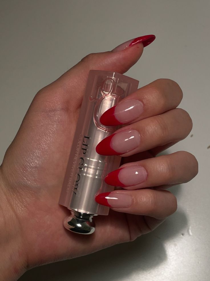 Lily Rose Depp Nails, Red Tips Acrylic Nails, Red Nails 2022, Red Tip Acrylic Nails, The Weeknd Inspired Nails, Red Simple Nails, Coquette Acrylic Nails, Red Nails And Lips, Red Tips Nails