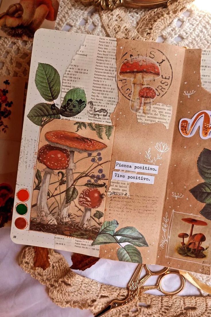 scrapbooking ideas Mushroom Sketchbook Cover, Mushroom Scrapbook Ideas, Floral Scrapbook Ideas, Nature Scrapbook Ideas, Junk Journal Spread, Vintage Journal Aesthetic, Cottagecore Bullet Journal, Aesthetic Scrapbook Journal, Cottagecore Scrapbook