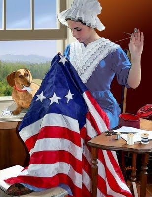 a painting of a woman with an american flag draped over her shoulders, sitting at a table in front of a window