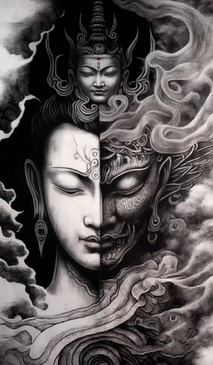 two faces with clouds in the background and one has eyes closed, while the other is half