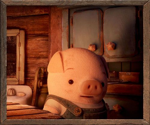 an animated pig in a kitchen next to a sink