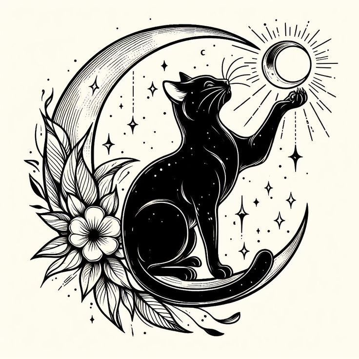 a black cat sitting on top of a crescent with flowers and stars in the background