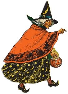 an old man dressed as a witch holding a pumpkin