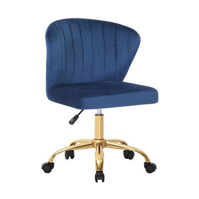 a blue office chair with wheels and casteors