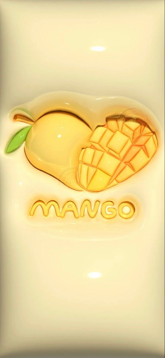 an image of mango fruit with the word mango written in gold on white background and green leaf