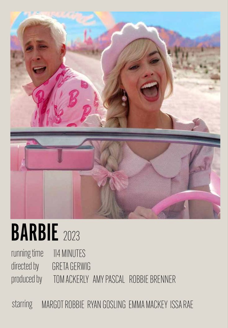 an advertisement for the movie barbie with two people in a pink car and one person wearing a