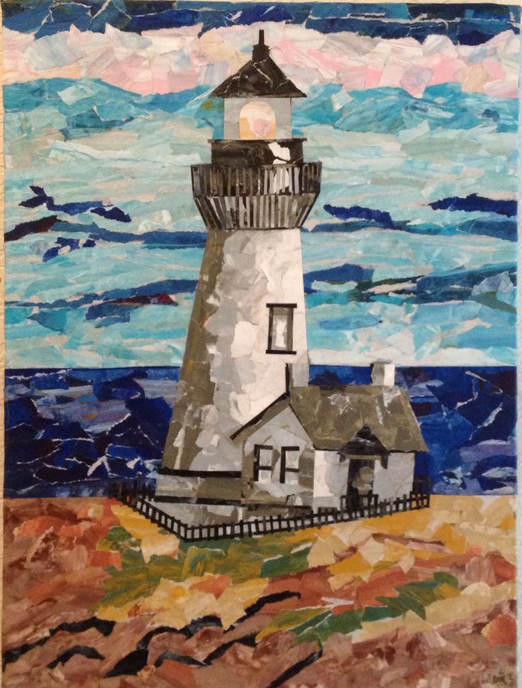 a painting of a lighthouse on the beach