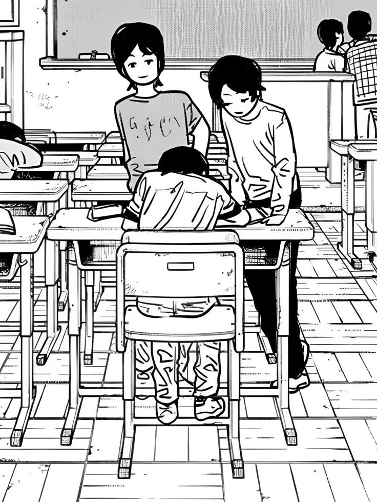 black and white drawing of children sitting at desks