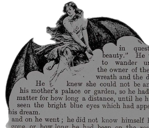 a black and white image of a woman sitting on top of a bat with the words in