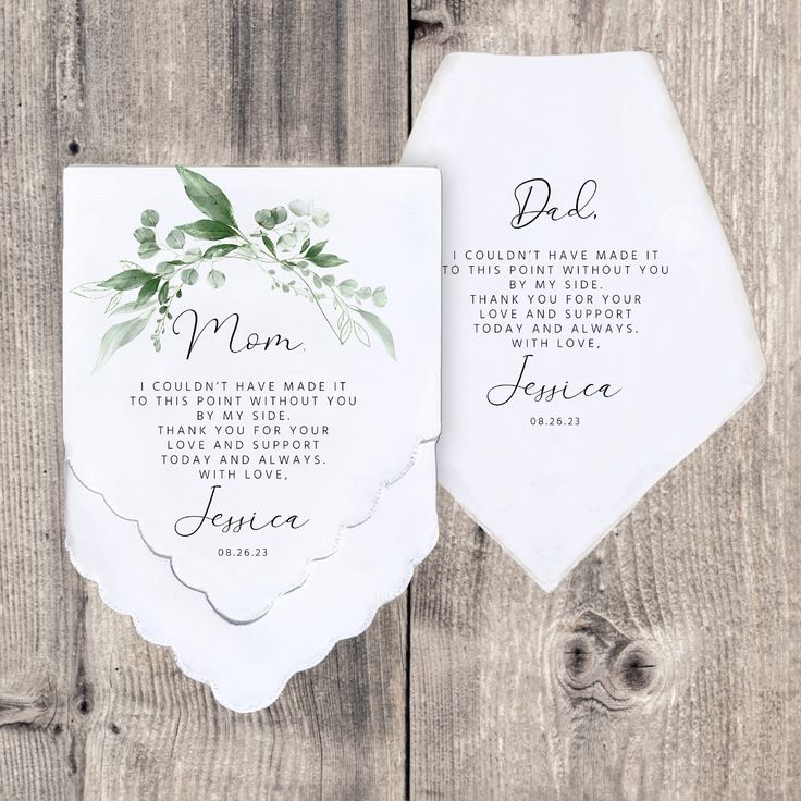 two wedding handkerchiefs with greenery on them, one is for mom and the other is for dad