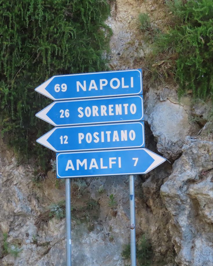 Blue Sign with white lettering and arrows point to the direction and distance to Napoli, Sorrento, Positano and Amalfi in Italy. Amalfi Summer Aesthetic, Vintage Amalfi Coast Aesthetic, Positano Inspo Pics, South Of Italy Aesthetic, Napoli Quotes, Italy Widget, South Italy Aesthetic, Italian Beach Aesthetic, Sorrento Aesthetic