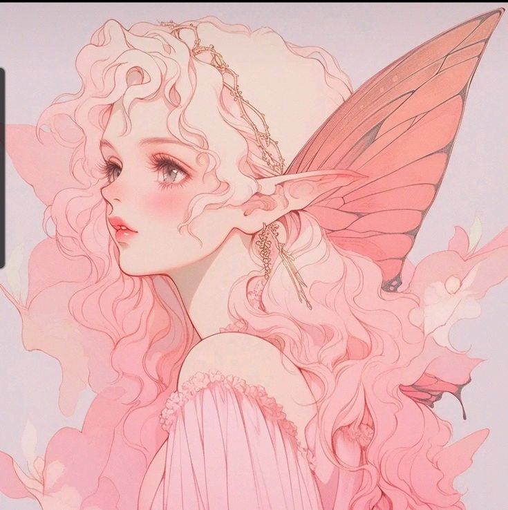 a painting of a fairy girl with pink hair and butterfly wings on her head, wearing a pink dress