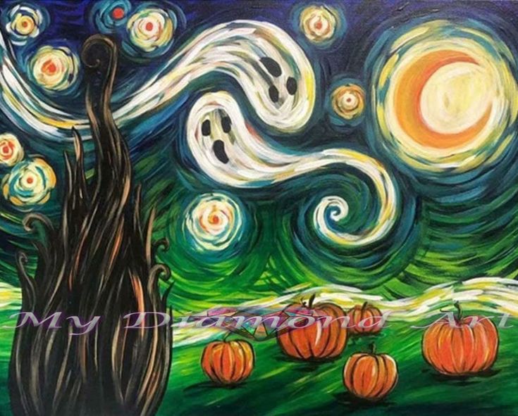 an artistic painting with pumpkins in the foreground and a starry night background