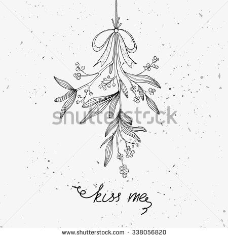 hand drawn christmas ornament with the words, kiss me and flowers on it