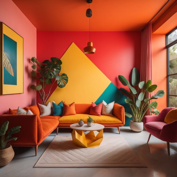 a living room with orange, yellow and pink colors on the walls next to potted plants