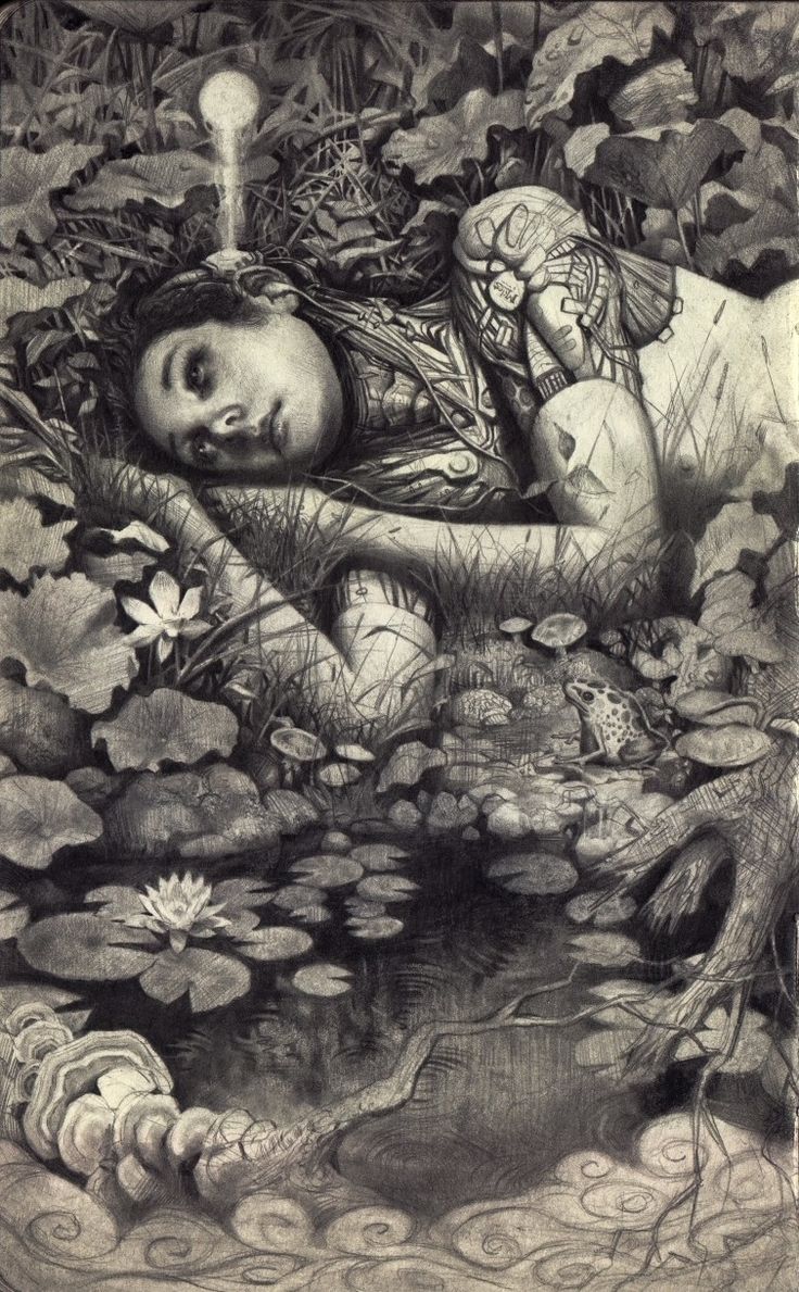 a drawing of a child laying on top of water lilies